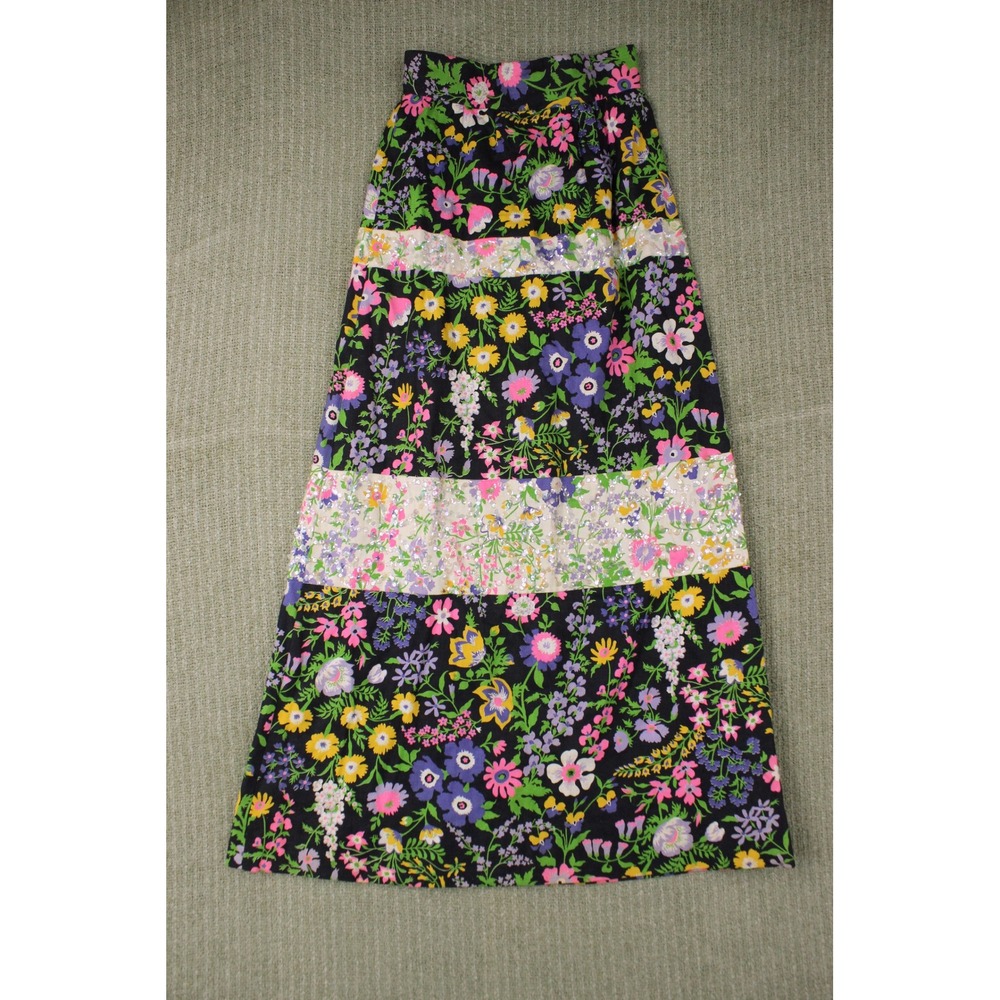Vintage 70s Psychedelic Boho Glam Floral Sequin Maxi Skirt Black A-Line Small